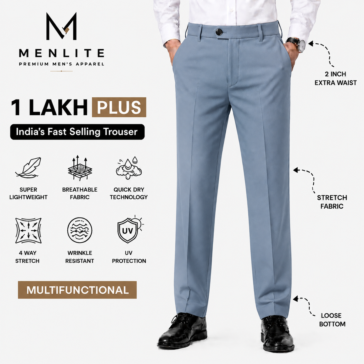 Menlite Comfort Plus formal trousers for men In Spanish Blue