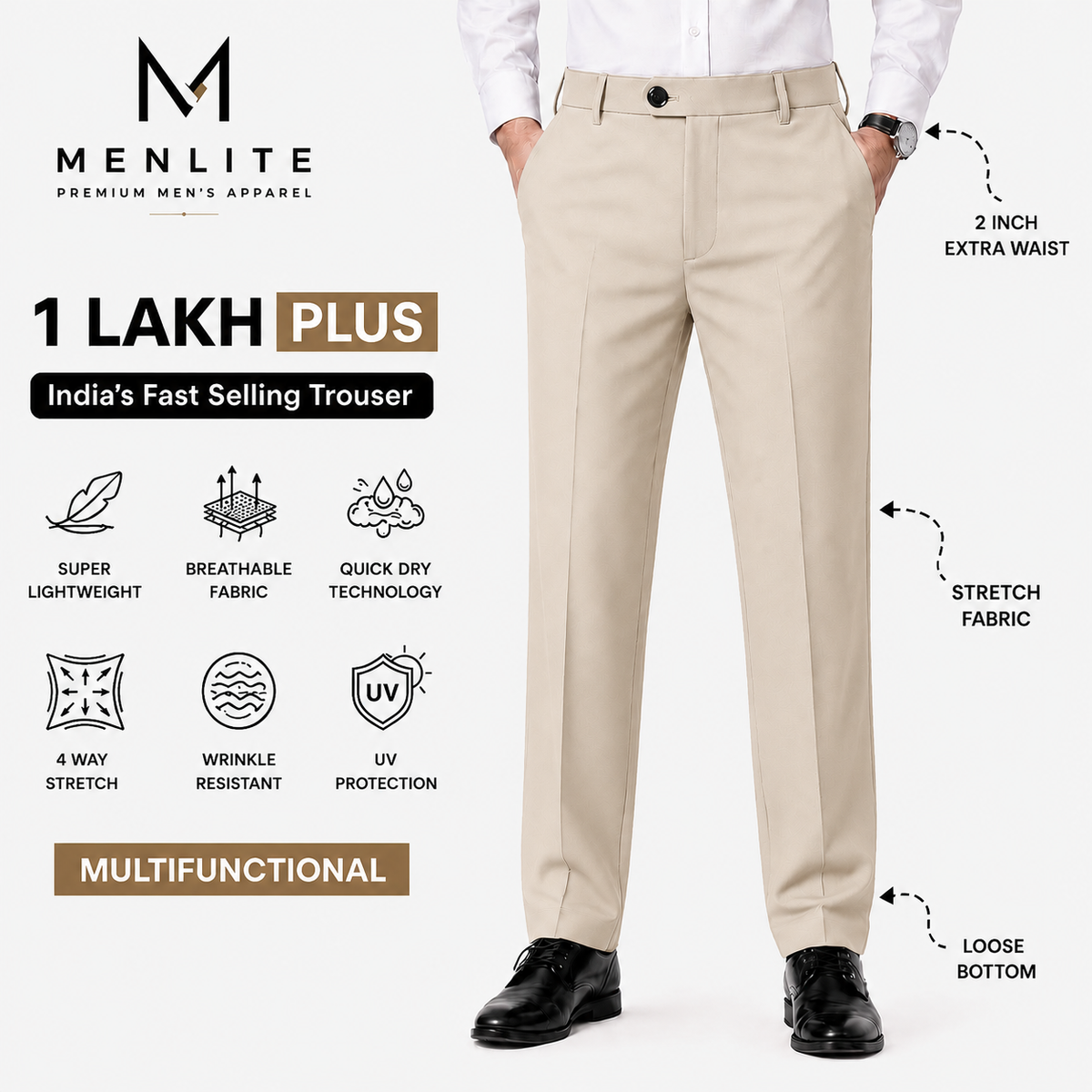 Menlite Comfort Plus formal trousers for men In Beige