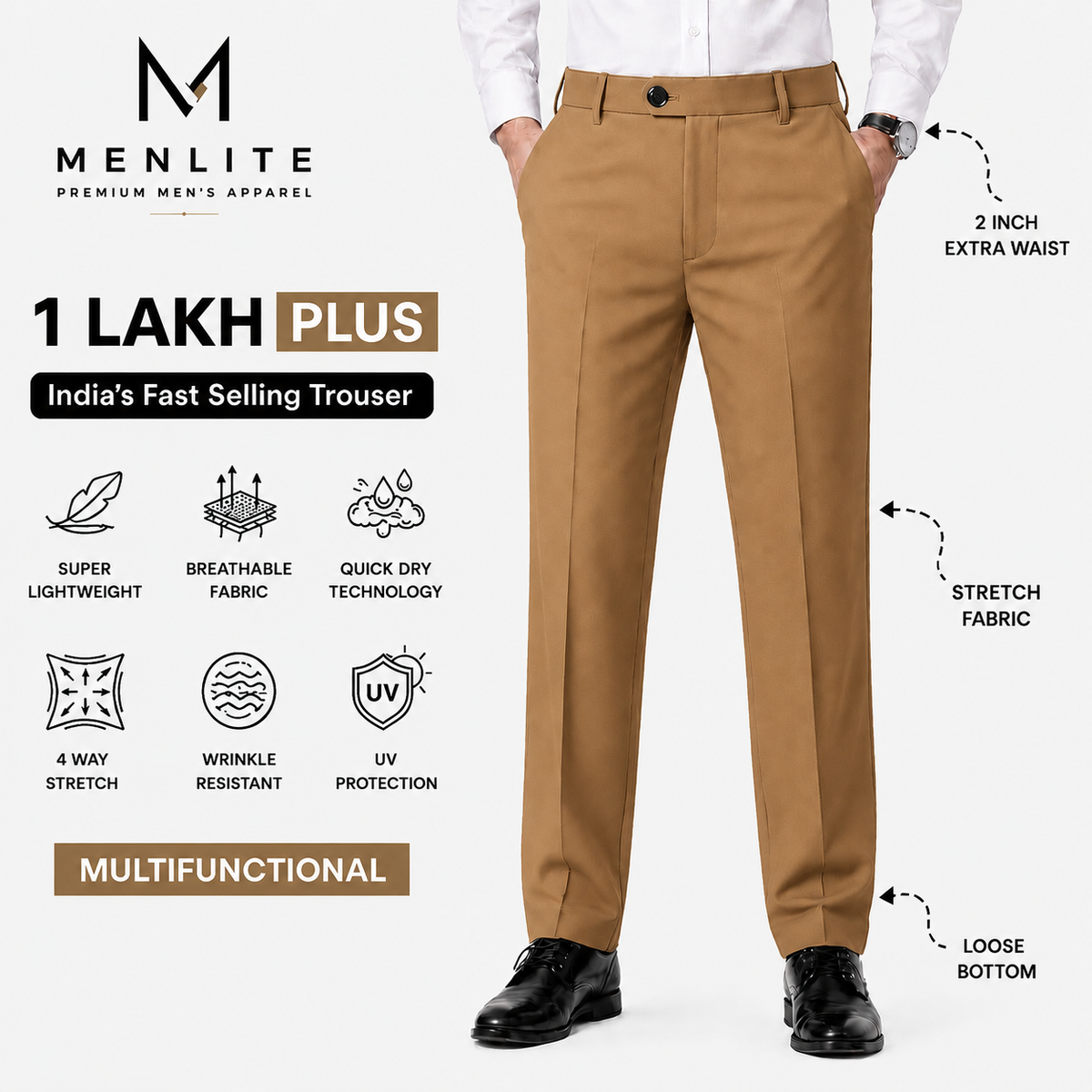 Menlite Comfort Plus formal trousers for men in Camel