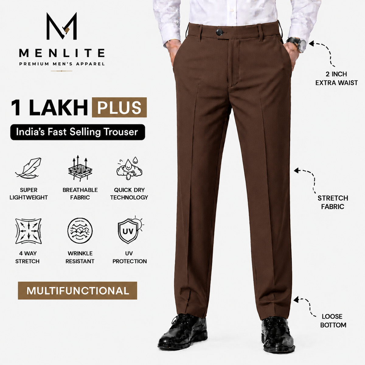 Menlite Comfort Plus formal trousers for men In Choco Brown