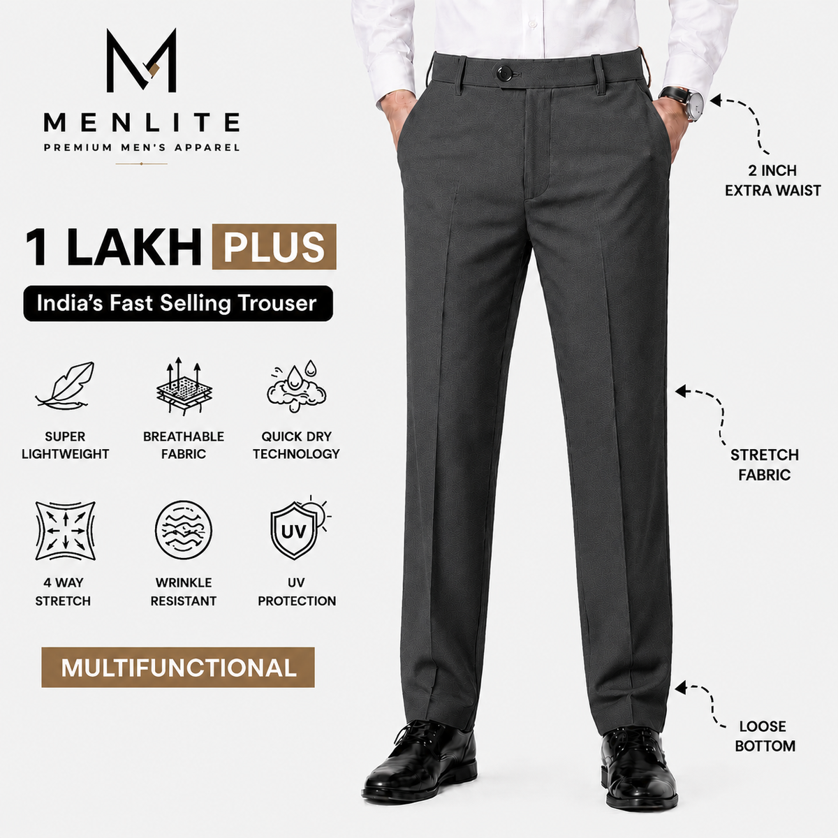 Menlite Comfort Plus formal trousers for men In Dark Grey