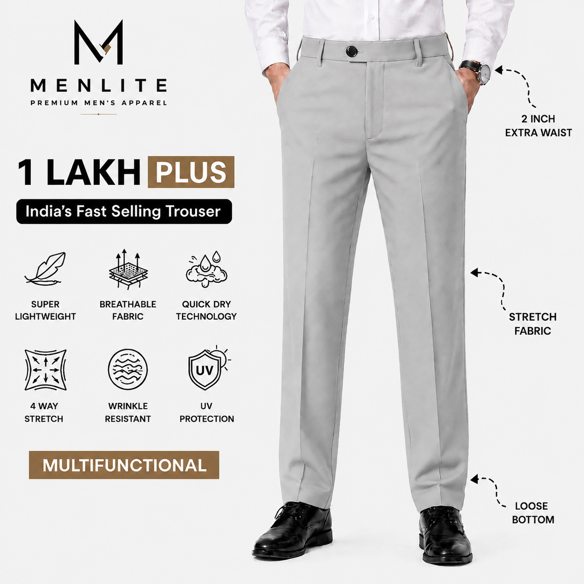 Menlite Comfort Plus formal trousers for men In Light Grey