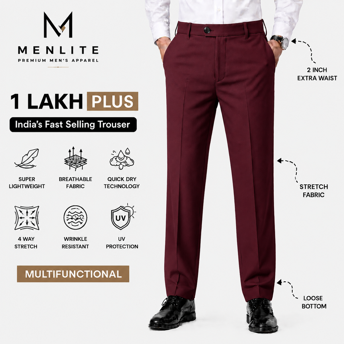 Menlite Comfort Plus formal trousers for men In Maroon