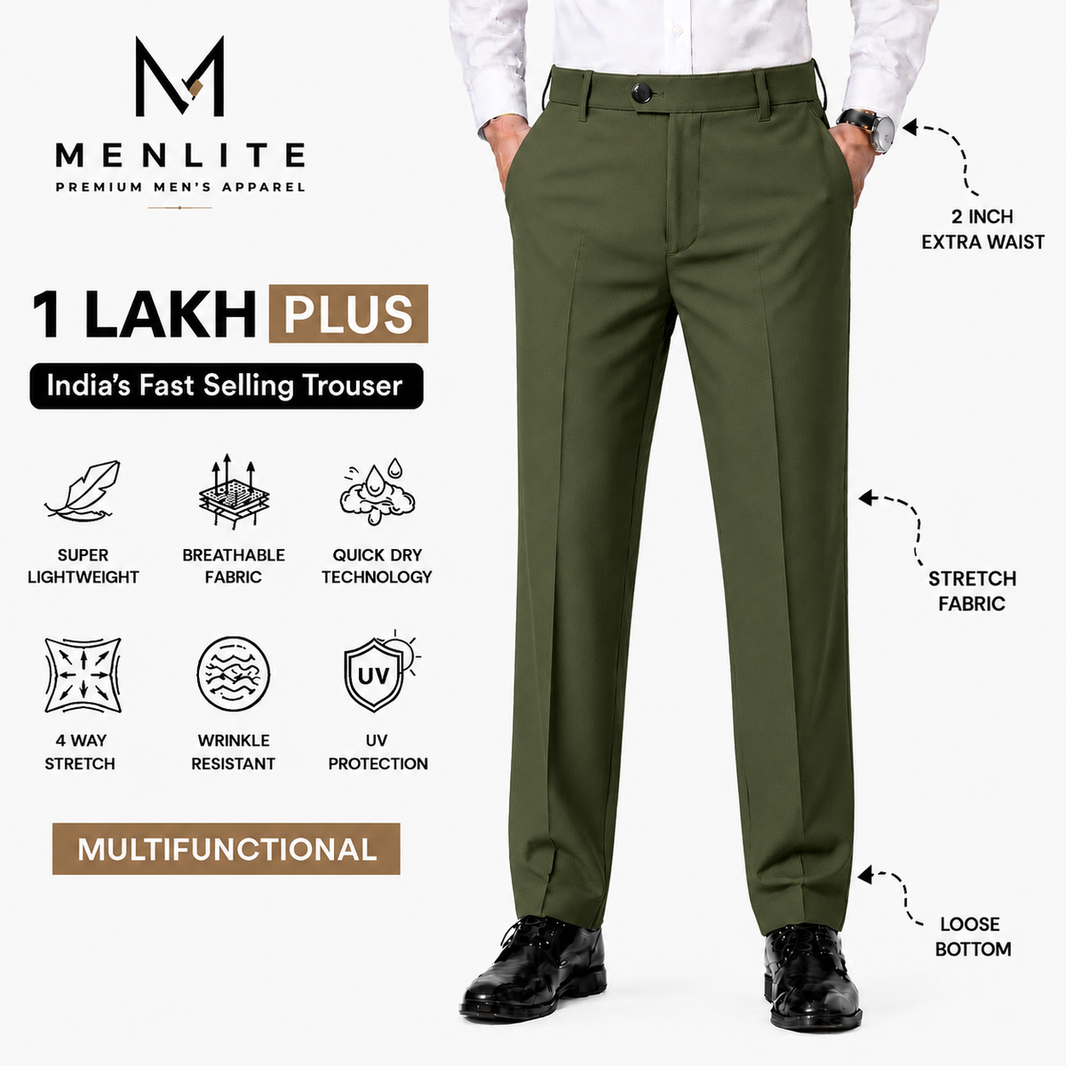 Menlite Comfort Plus formal trousers for men In Oilve Green