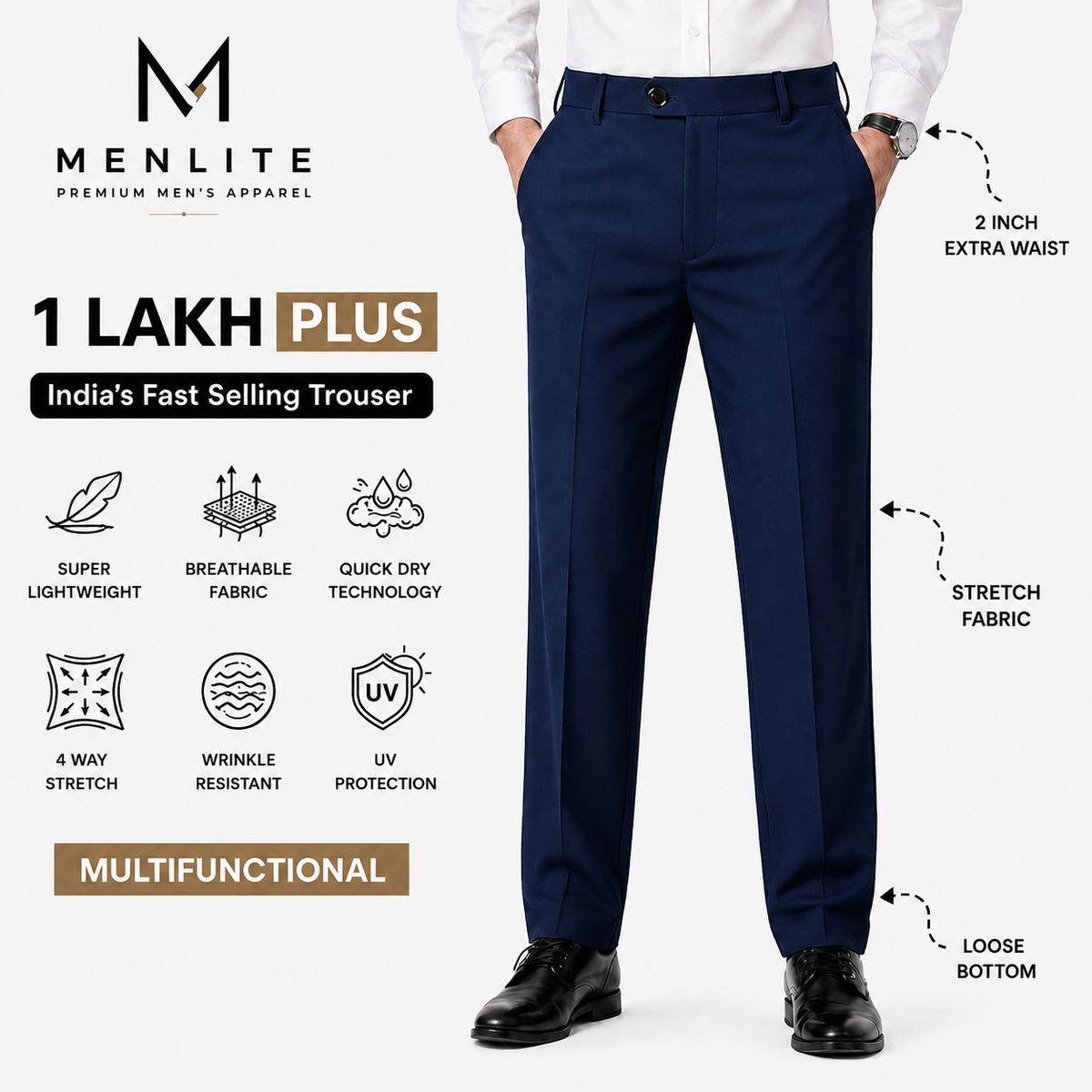 Menlite Comfort Plus formal trousers for men In Navy Blue