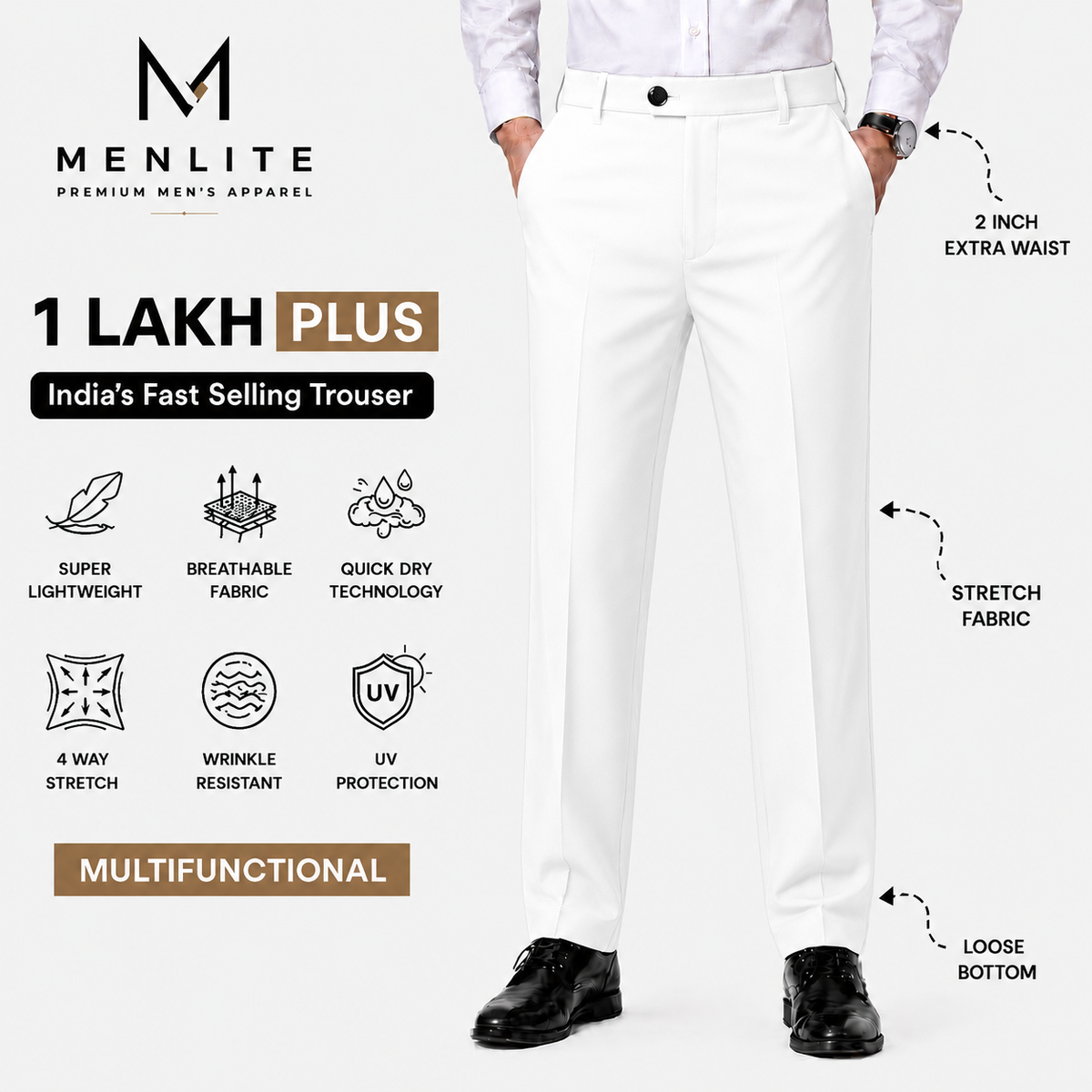 Menlite Comfort Plus formal trousers for men In White